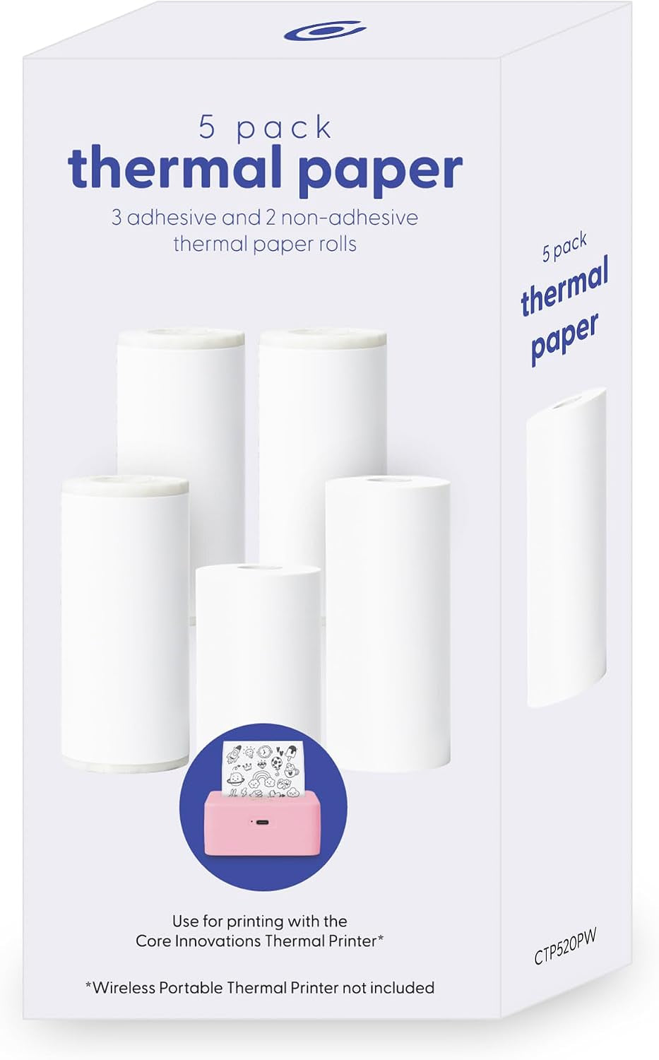 Mini Thermal Printer Paper – 5 Rolls (3 Self-Adhesive Sticker + 2 Thermal Paper Rolls, 57Mm / 2.18 for Portable Wireless Printer, Labels, Photos, Crafts, Bpa-Free Inkless Paper, White