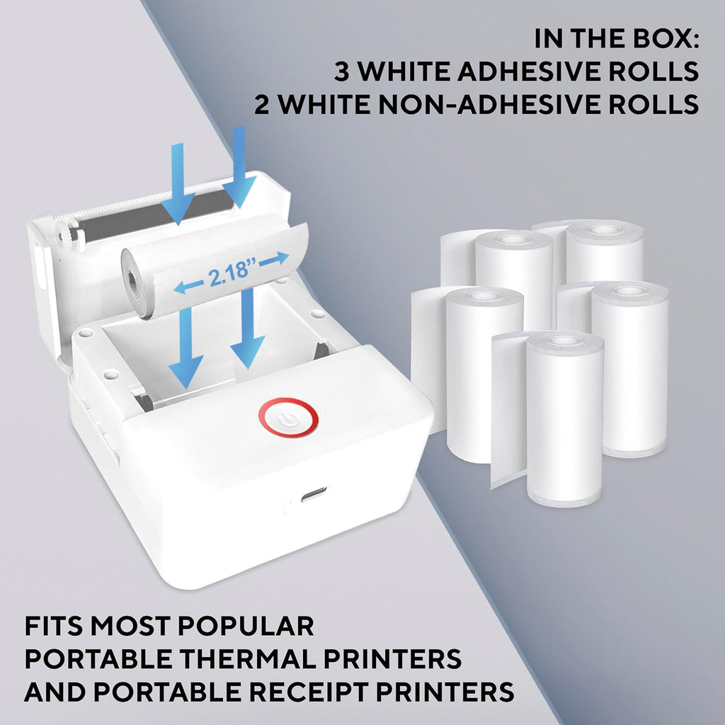Mini Thermal Printer Paper – 5 Rolls (3 Self-Adhesive Sticker + 2 Thermal Paper Rolls, 57Mm / 2.18 for Portable Wireless Printer, Labels, Photos, Crafts, Bpa-Free Inkless Paper, White